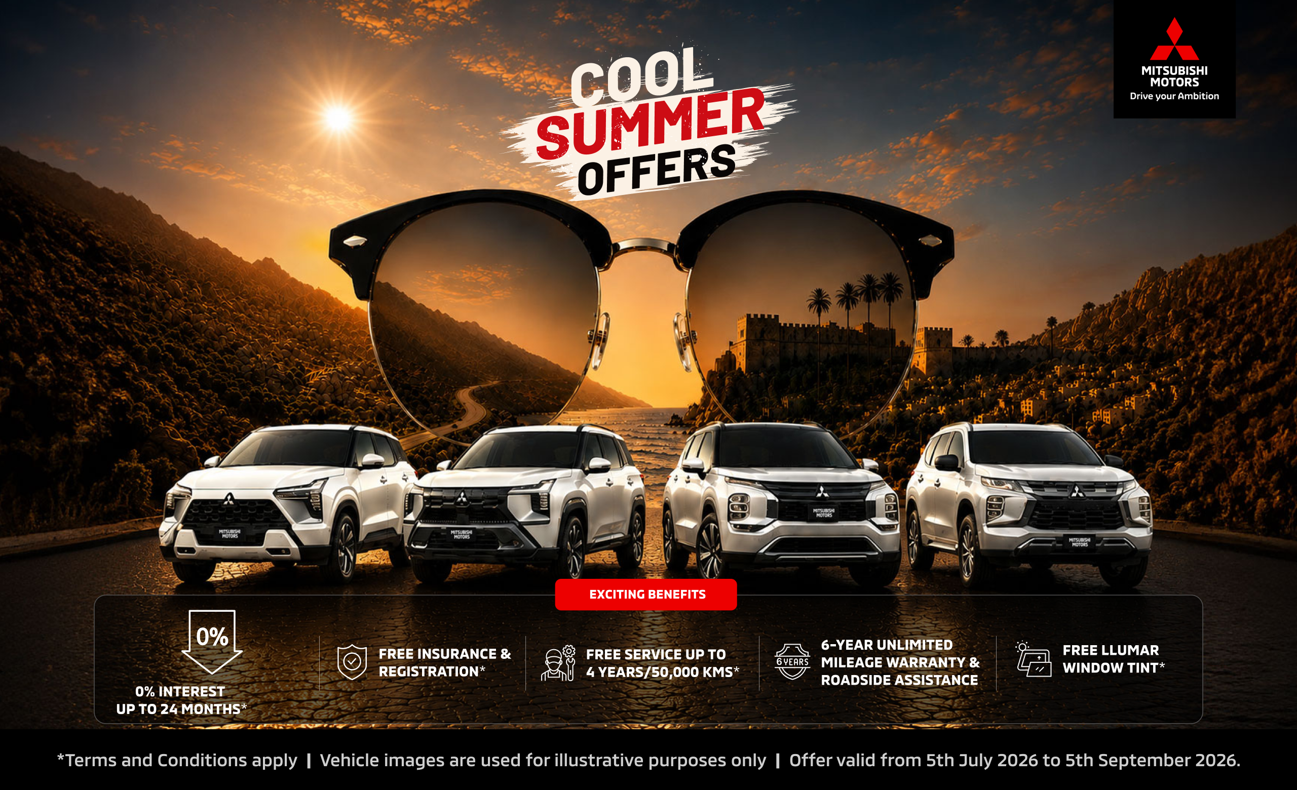 Mitsubishi Cool Summer Offers — 0% interest up to 24 months, free insurance & registration, free service up to 4 years / 50,000 kms, 6-year unlimited mileage warranty & roadside assistance, free LLumar window tint.